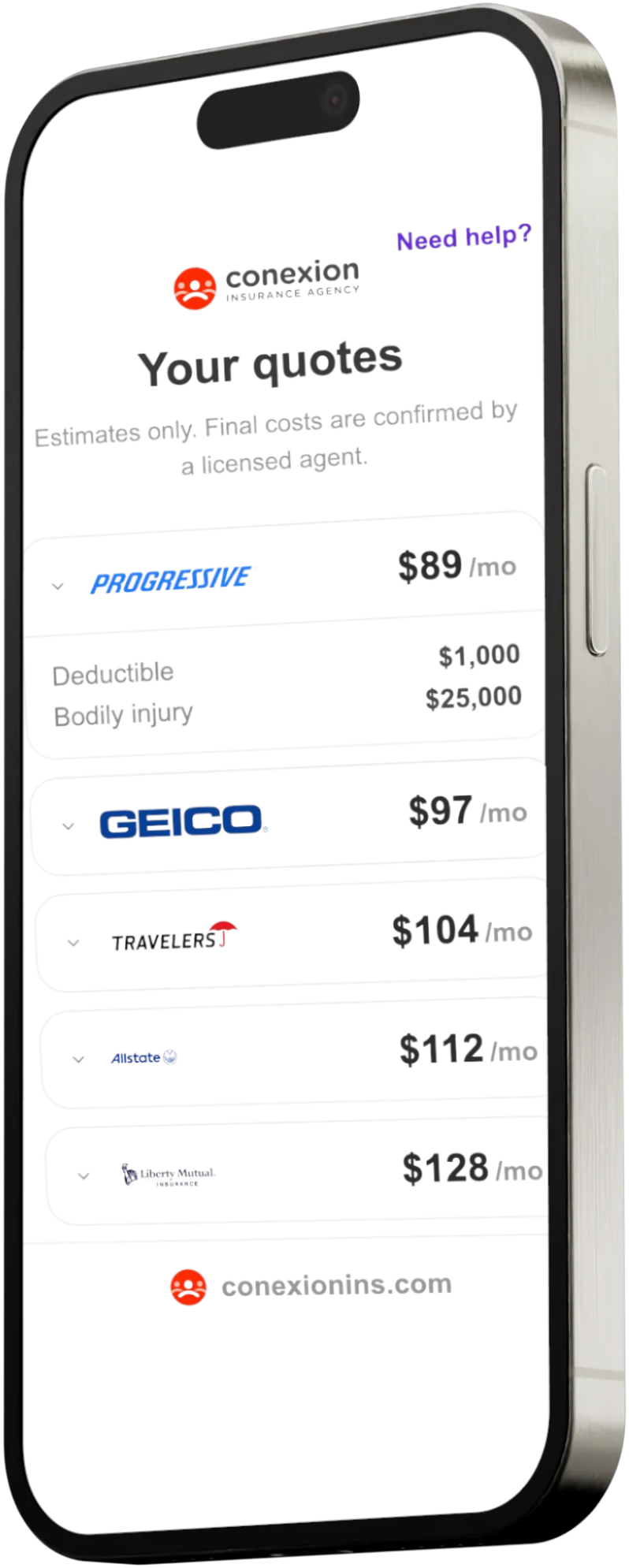 Conexion Insurance quote screen on an iPhone