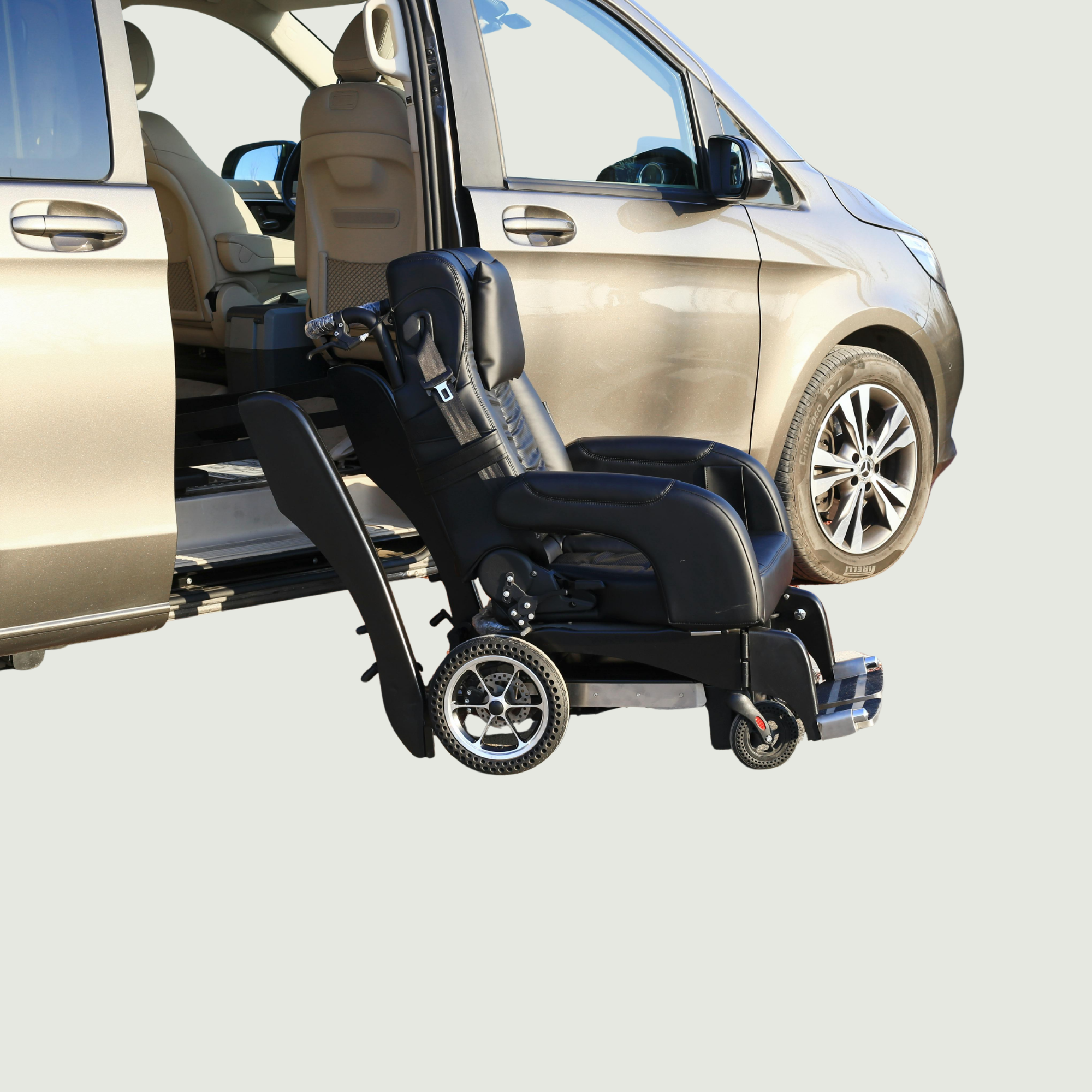 Wheelchair-accessible van with a powered lift deployed
